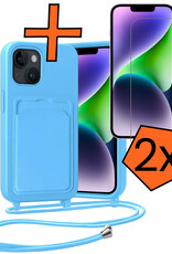 Nomfy Nomfy iPhone 14 Hoesje Pashouder met Koord Met 2x Screenprotector - Lichtblauw