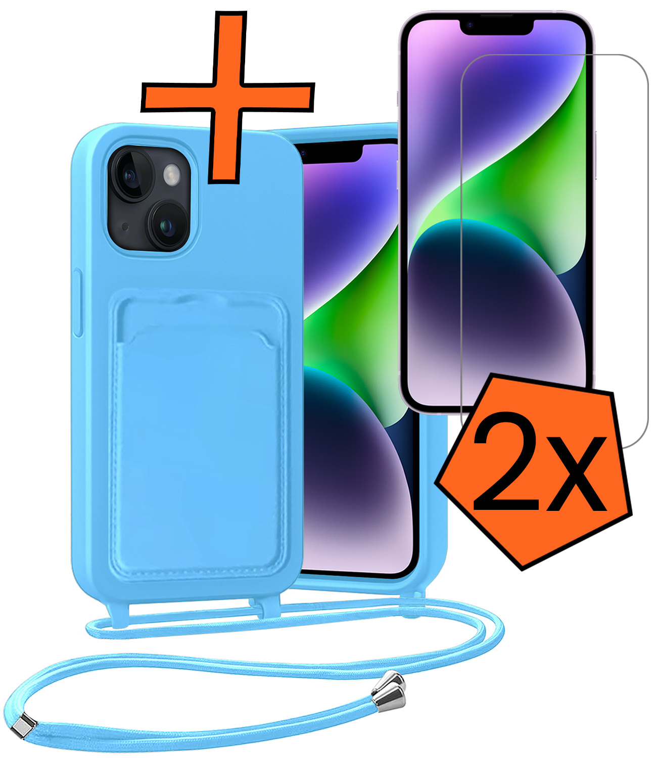 Nomfy Nomfy iPhone 14 Hoesje Pashouder met Koord Met 2x Screenprotector - Lichtblauw
