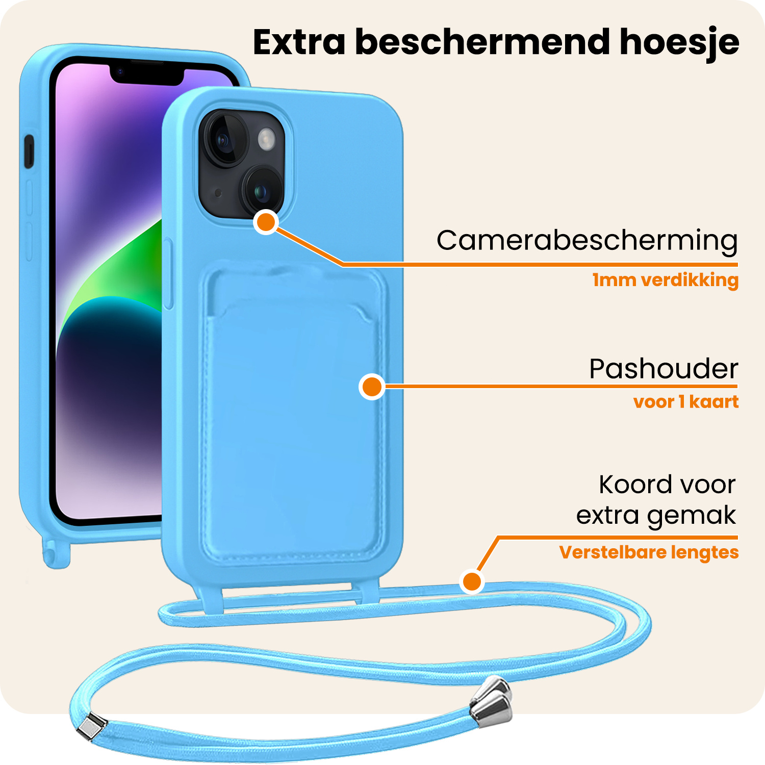 Nomfy Nomfy iPhone 14 Hoesje Pashouder met Koord Met 2x Screenprotector - Lichtblauw