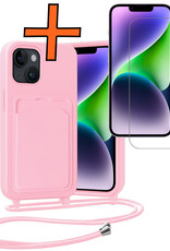 Nomfy Nomfy iPhone 14 Hoesje Pashouder met Koord Met Screenprotector - Lichtroze