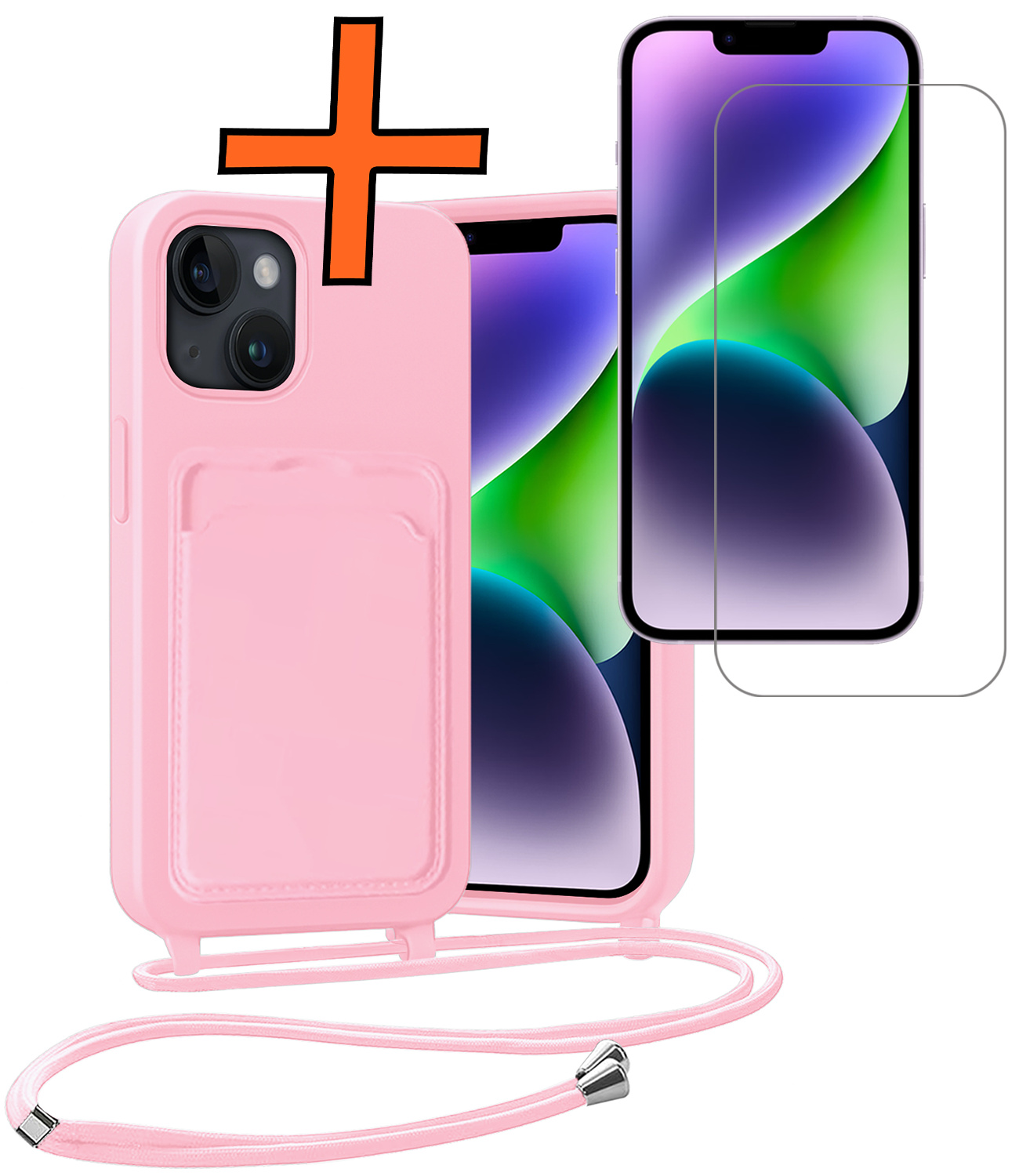 Nomfy Nomfy iPhone 14 Hoesje Pashouder met Koord Met Screenprotector - Lichtroze