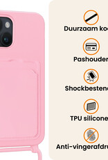 Nomfy Nomfy iPhone 14 Hoesje Pashouder met Koord Met Screenprotector - Lichtroze