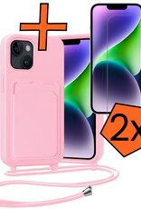 Nomfy Nomfy iPhone 14 Hoesje Pashouder met Koord Met 2x Screenprotector - Lichtroze