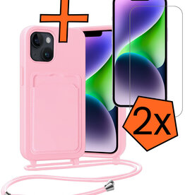 Nomfy Nomfy iPhone 14 Hoesje Pashouder met Koord Met 2x Screenprotector - Lichtroze