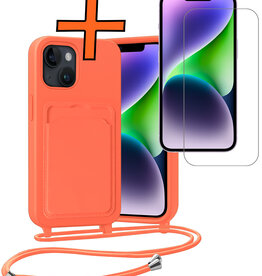 Nomfy Nomfy iPhone 14 Hoesje Pashouder met Koord Met Screenprotector - Papaya