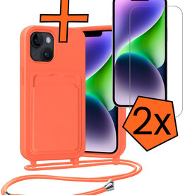 Nomfy Nomfy iPhone 14 Hoesje Pashouder met Koord Met 2x Screenprotector - Papaya
