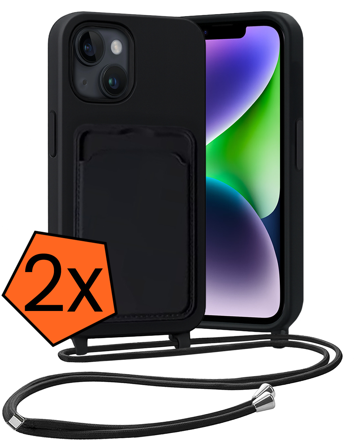 Nomfy Nomfy iPhone 14 Hoesje Pashouder met Koord - Zwart - 2 PACK