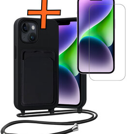Nomfy Nomfy iPhone 14 Hoesje Pashouder met Koord Met Screenprotector - Zwart