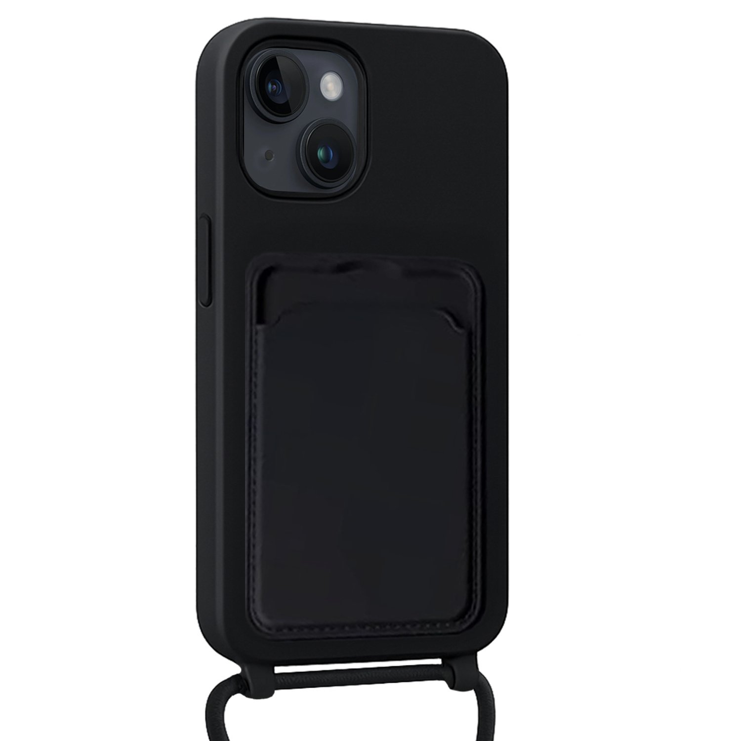 Nomfy Nomfy iPhone 14 Hoesje Pashouder met Koord Met Screenprotector - Zwart
