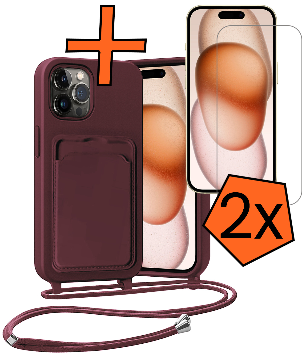 Nomfy Nomfy iPhone 14 Pro Hoesje Pashouder met Koord Met 2x Screenprotector - Aubergine