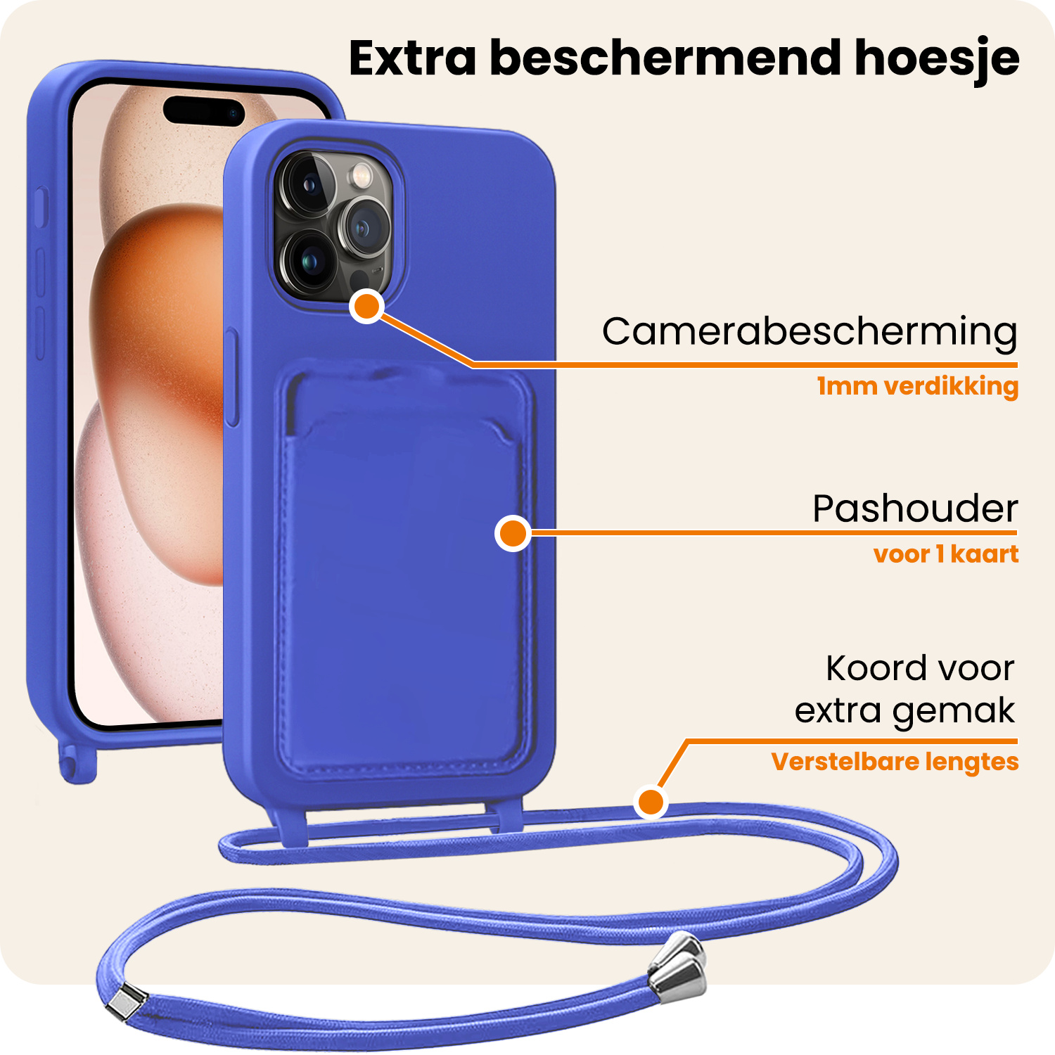 Nomfy Nomfy iPhone 14 Pro Hoesje Pashouder met Koord Met Screenprotector - Fel Blauw