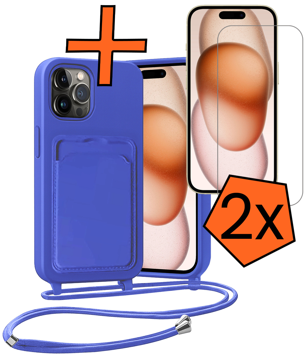 Nomfy Nomfy iPhone 14 Pro Hoesje Pashouder met Koord Met 2x Screenprotector - Fel Blauw