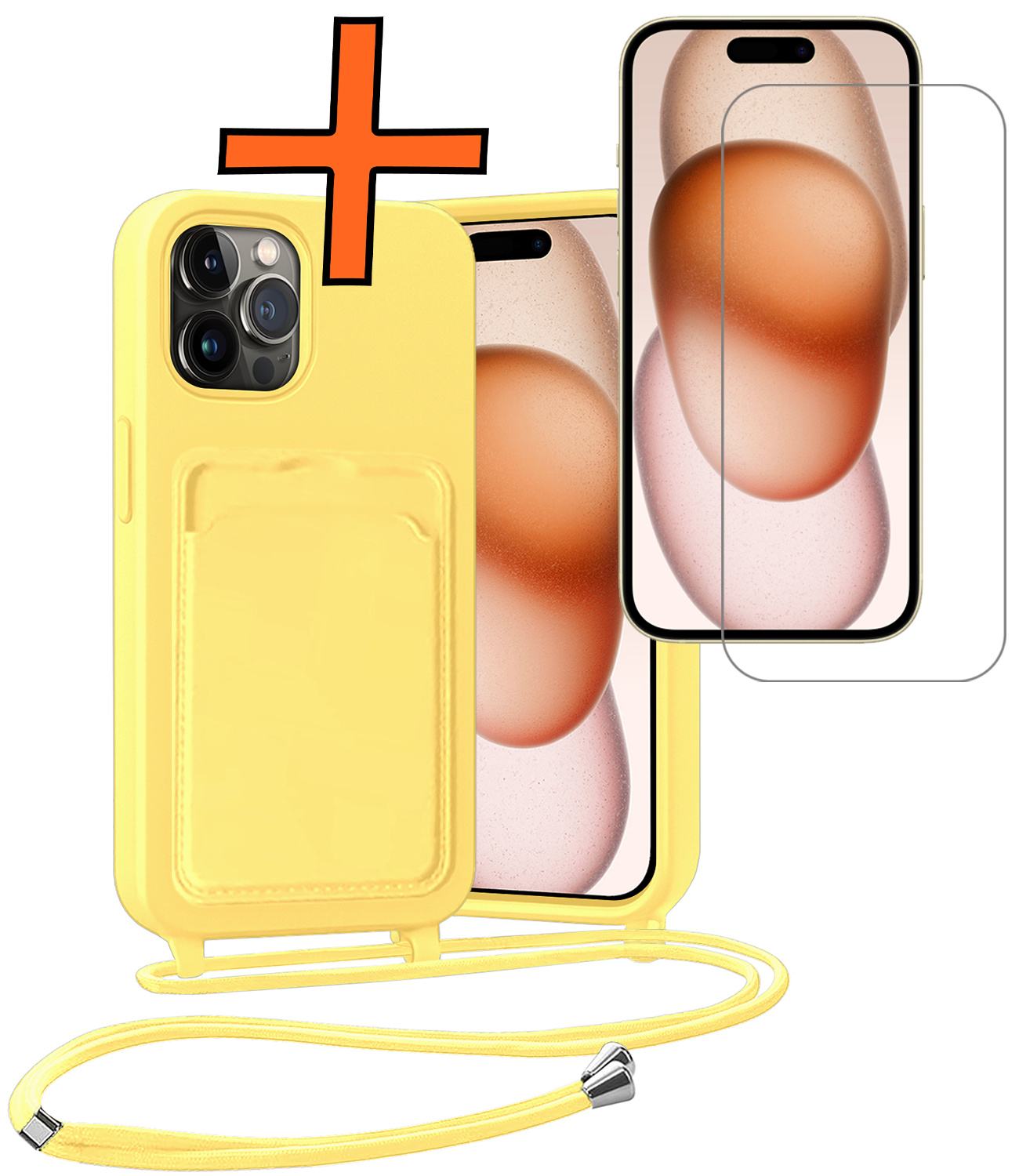 Nomfy Nomfy iPhone 14 Pro Hoesje Pashouder met Koord Met Screenprotector - Geel