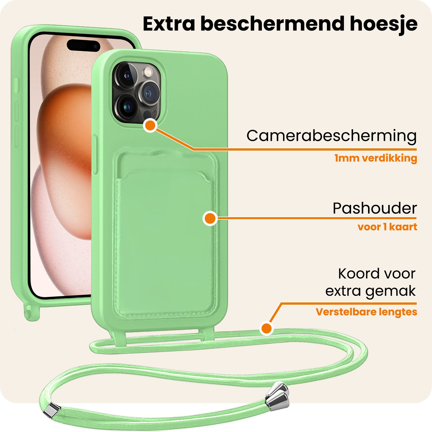 Nomfy Nomfy iPhone 14 Pro Hoesje Pashouder met Koord - Groen - 2 PACK