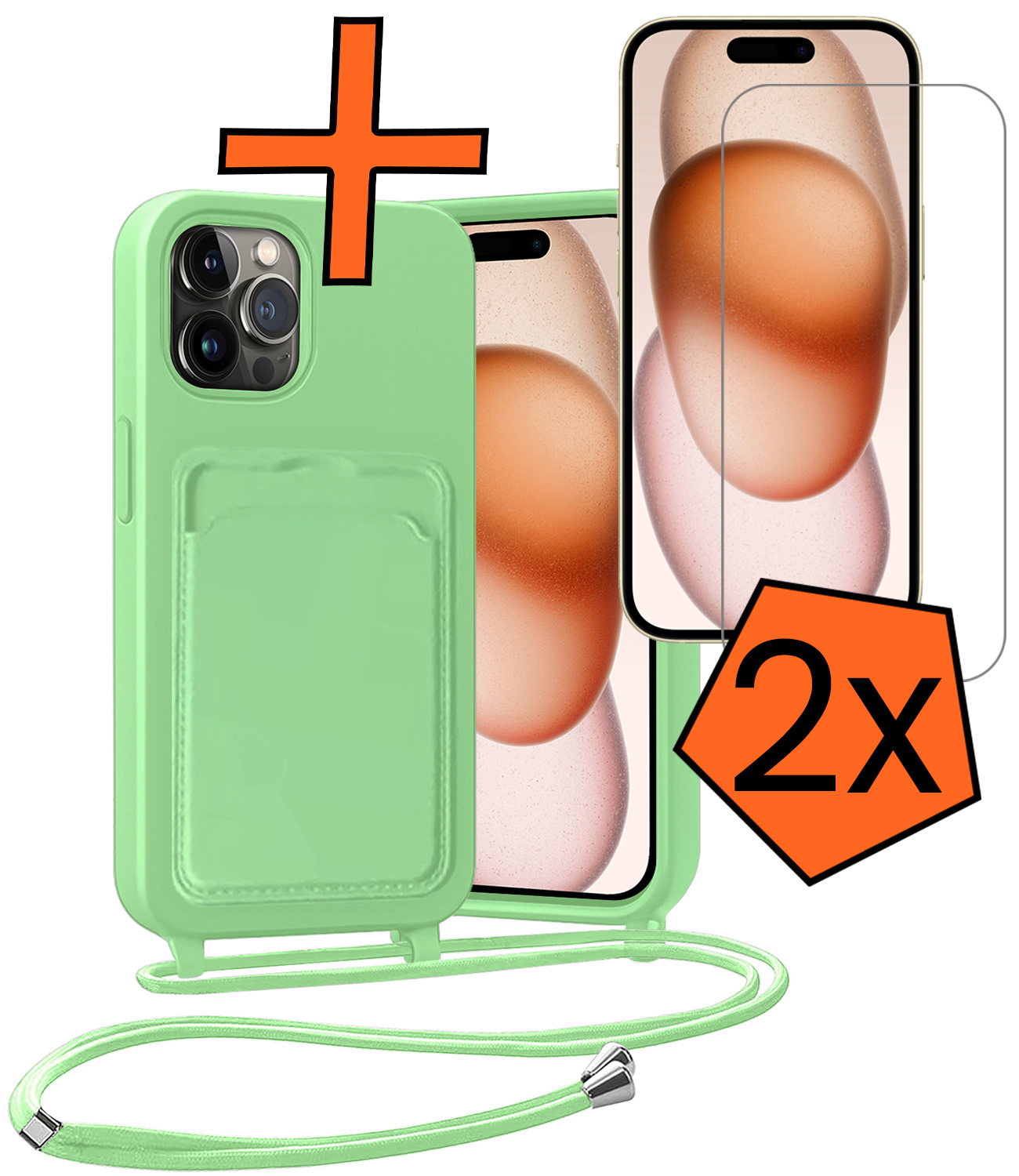 Nomfy Nomfy iPhone 14 Pro Hoesje Pashouder met Koord Met 2x Screenprotector - Groen
