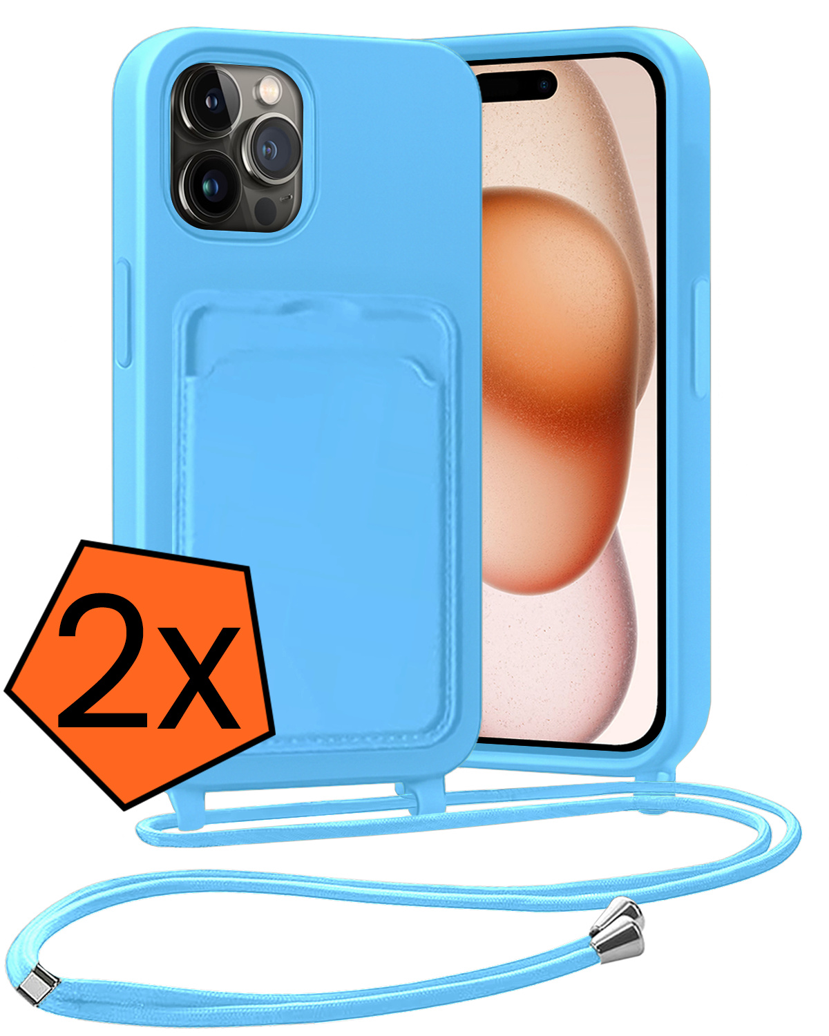 Nomfy Nomfy iPhone 14 Pro Hoesje Pashouder met Koord - Lichtblauw - 2 PACK