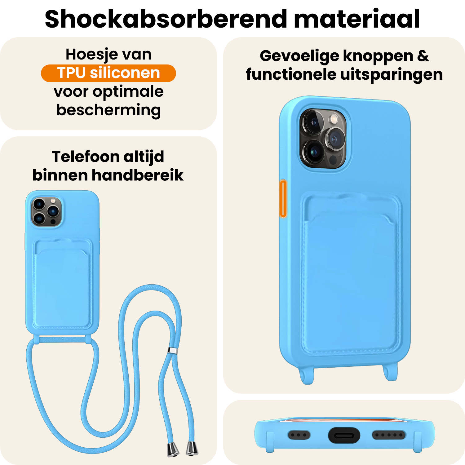 Nomfy Nomfy iPhone 14 Pro Hoesje Pashouder met Koord Met Screenprotector - Lichtblauw