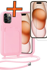 Nomfy Nomfy iPhone 14 Pro Hoesje Pashouder met Koord Met Screenprotector - Lichtroze