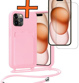 Nomfy Nomfy iPhone 14 Pro Hoesje Pashouder met Koord Met Screenprotector - Lichtroze