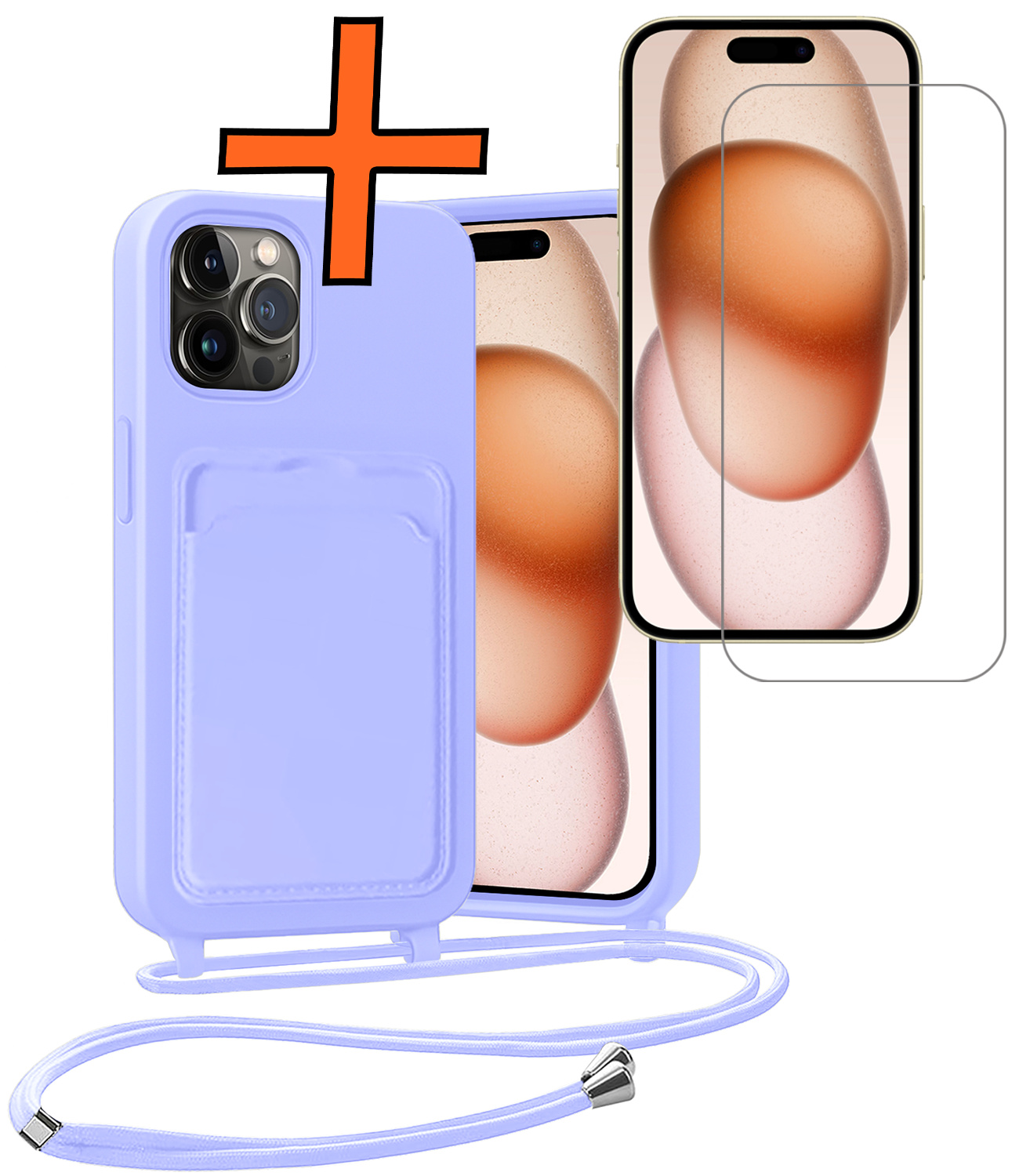 Nomfy Nomfy iPhone 14 Pro Hoesje Pashouder met Koord Met Screenprotector - Lila