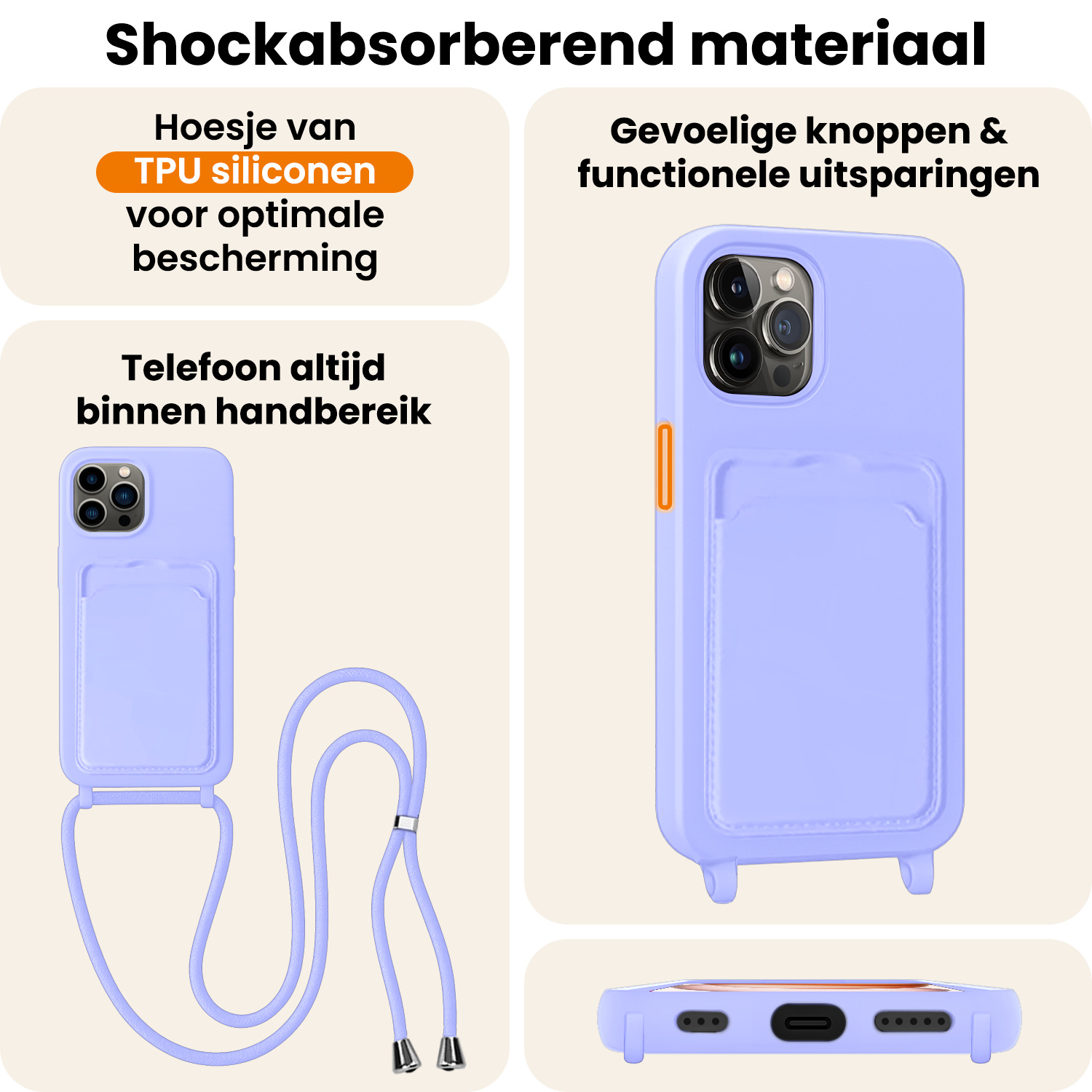 Nomfy Nomfy iPhone 14 Pro Hoesje Pashouder met Koord Met 2x Screenprotector - Lila