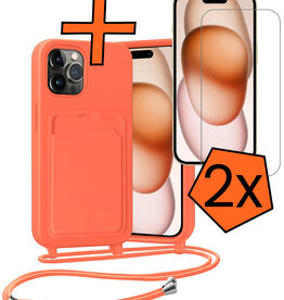 Nomfy Nomfy iPhone 14 Pro Hoesje Pashouder met Koord Met 2x Screenprotector - Papaya