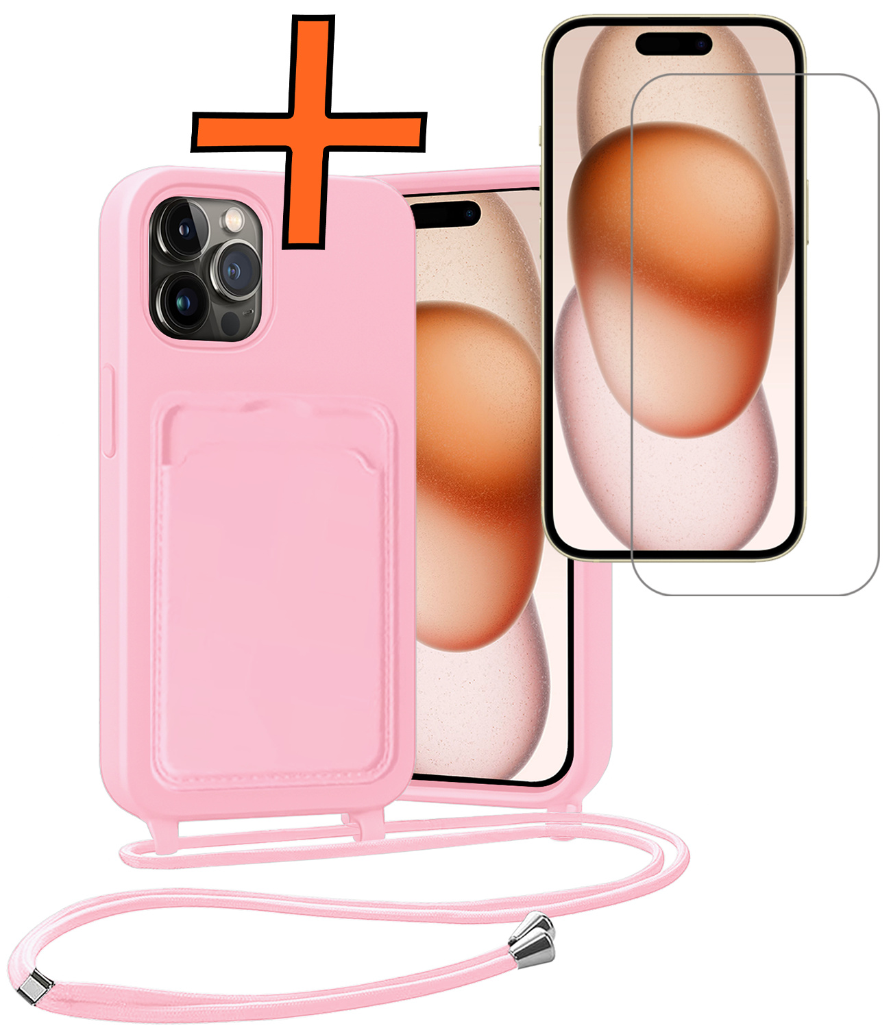 Nomfy Nomfy iPhone 14 Pro Max Hoesje Pashouder met Koord Met Screenprotector - Lichtroze