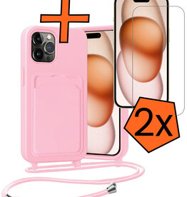 Nomfy Nomfy iPhone 14 Pro Max Hoesje Pashouder met Koord Met 2x Screenprotector - Lichtroze