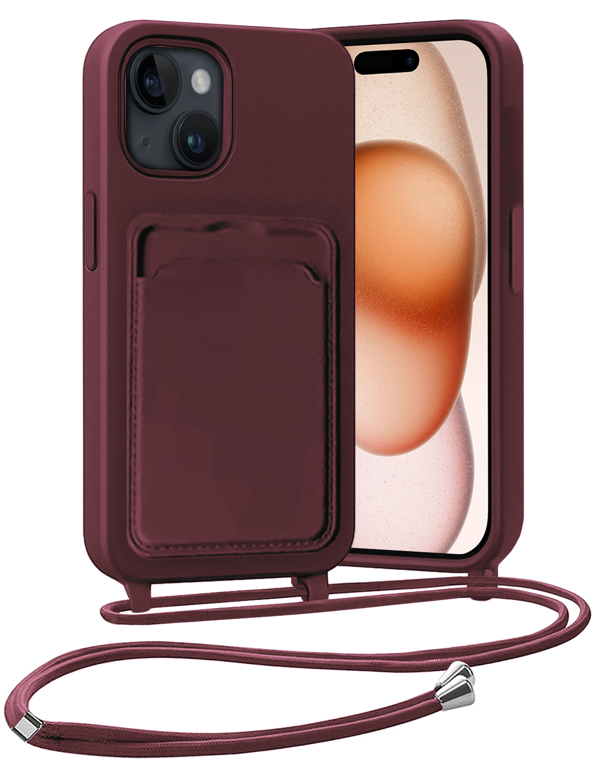 Nomfy Nomfy iPhone 15 Plus Hoesje Pashouder met Koord - Aubergine