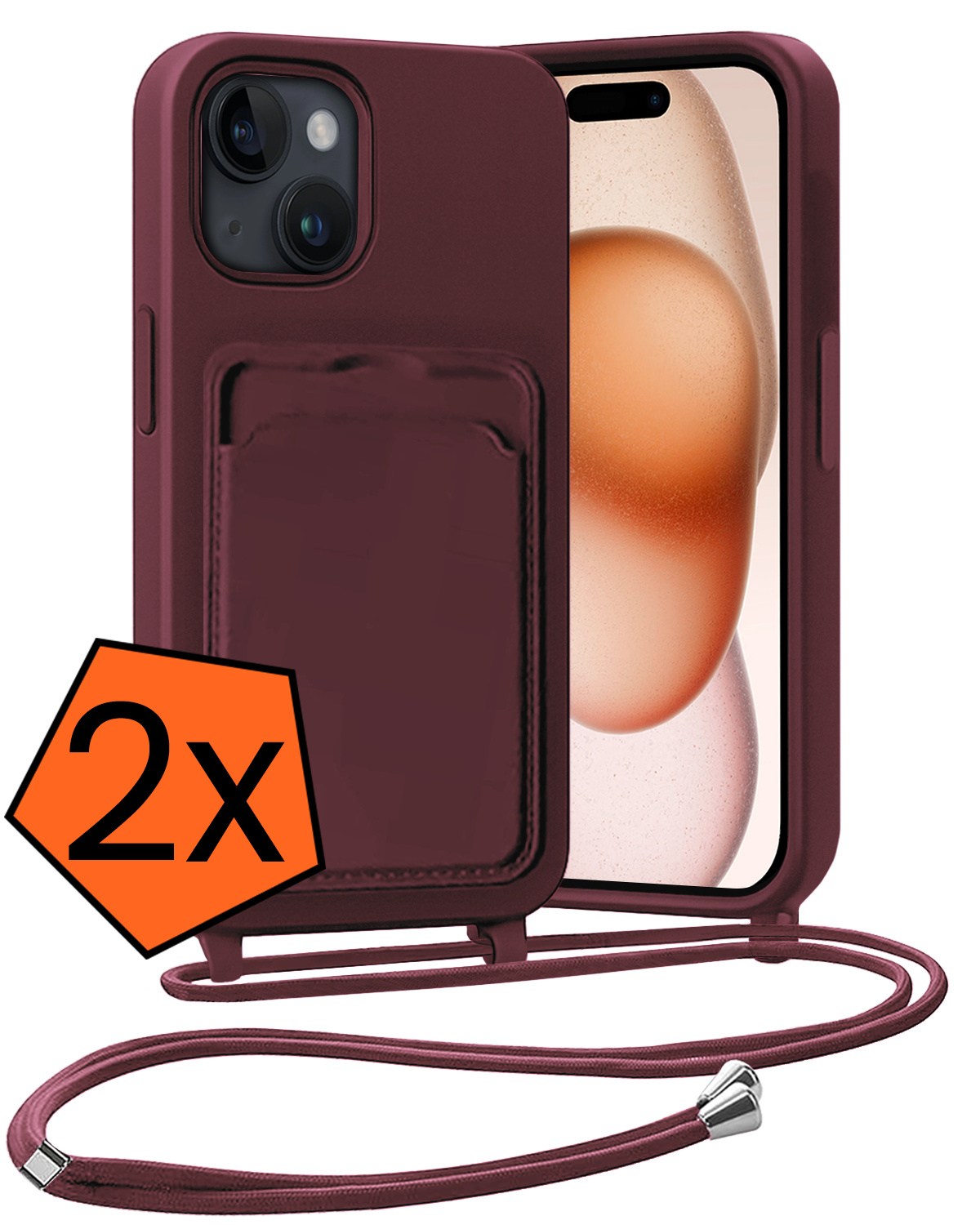 Nomfy Nomfy iPhone 15 Plus Hoesje Pashouder met Koord - Aubergine - 2 PACK