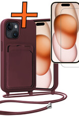 Nomfy Nomfy iPhone 15 Plus Hoesje Pashouder met Koord Met Screenprotector - Aubergine
