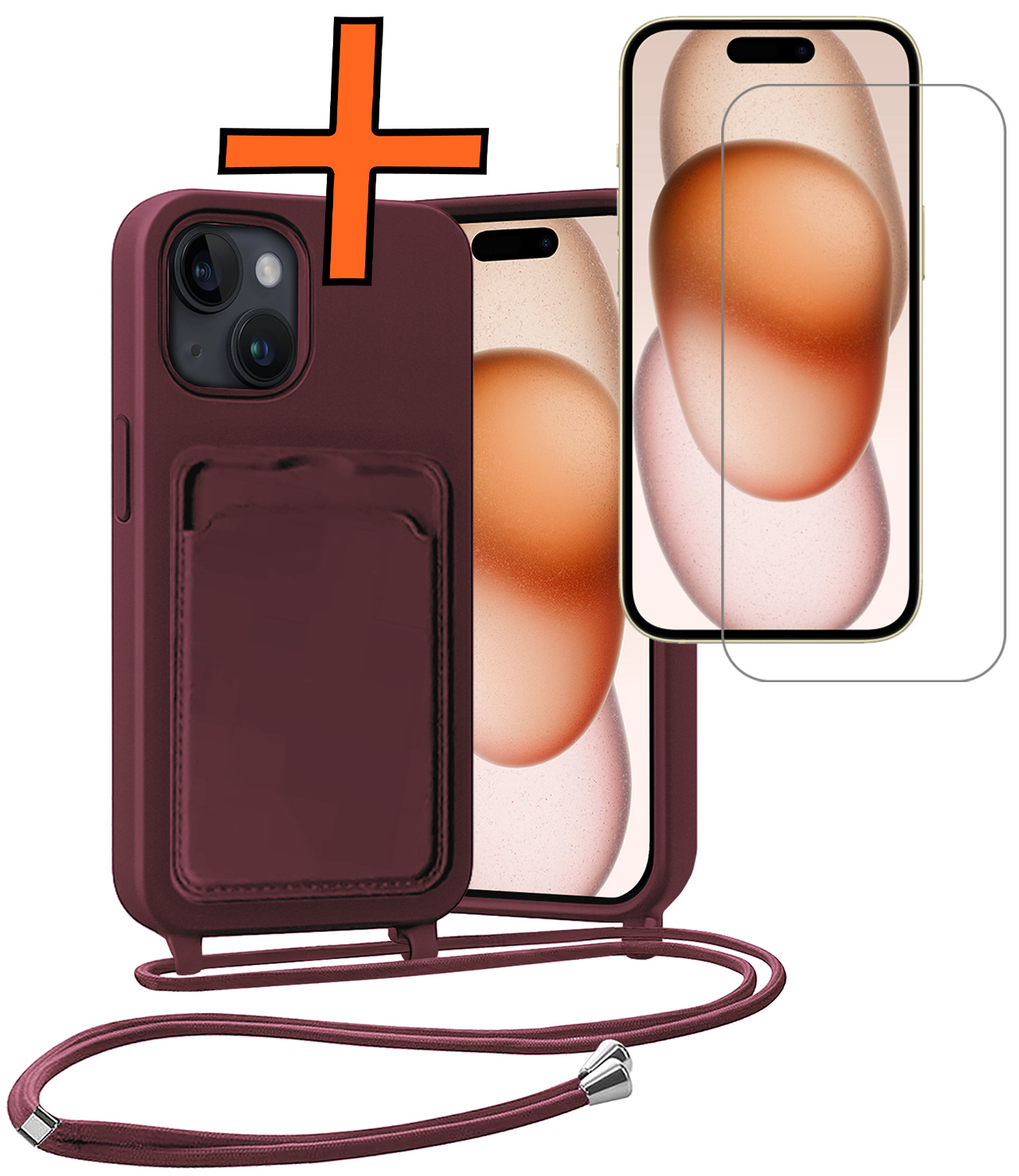 Nomfy Nomfy iPhone 15 Plus Hoesje Pashouder met Koord Met Screenprotector - Aubergine