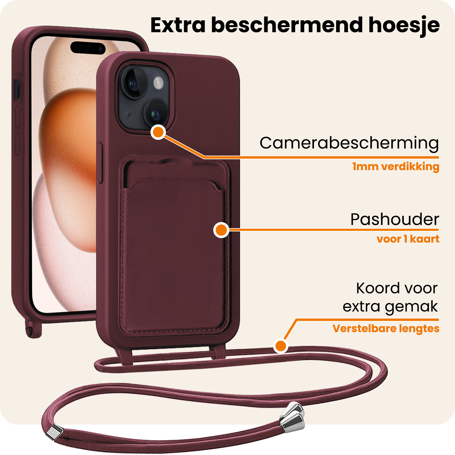 Nomfy Nomfy iPhone 15 Plus Hoesje Pashouder met Koord Met Screenprotector - Aubergine