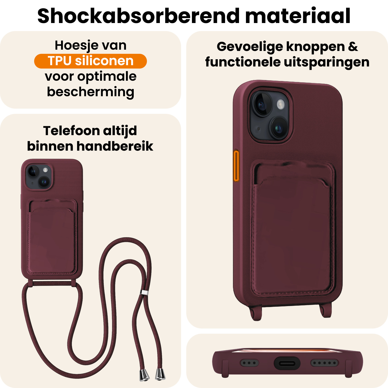 Nomfy Nomfy iPhone 15 Plus Hoesje Pashouder met Koord Met Screenprotector - Aubergine