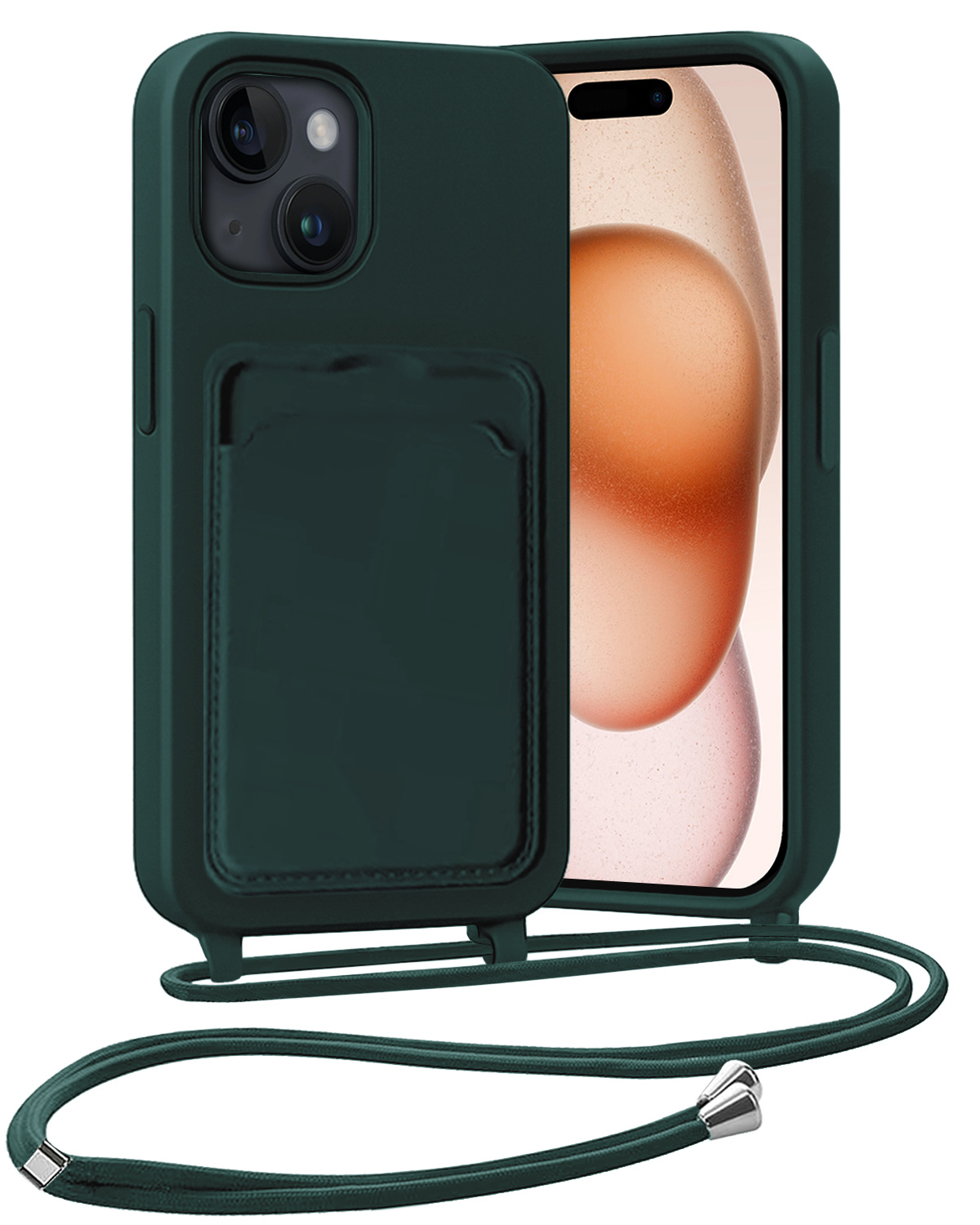 Nomfy Nomfy iPhone 15 Plus Hoesje Pashouder met Koord - Donkergroen