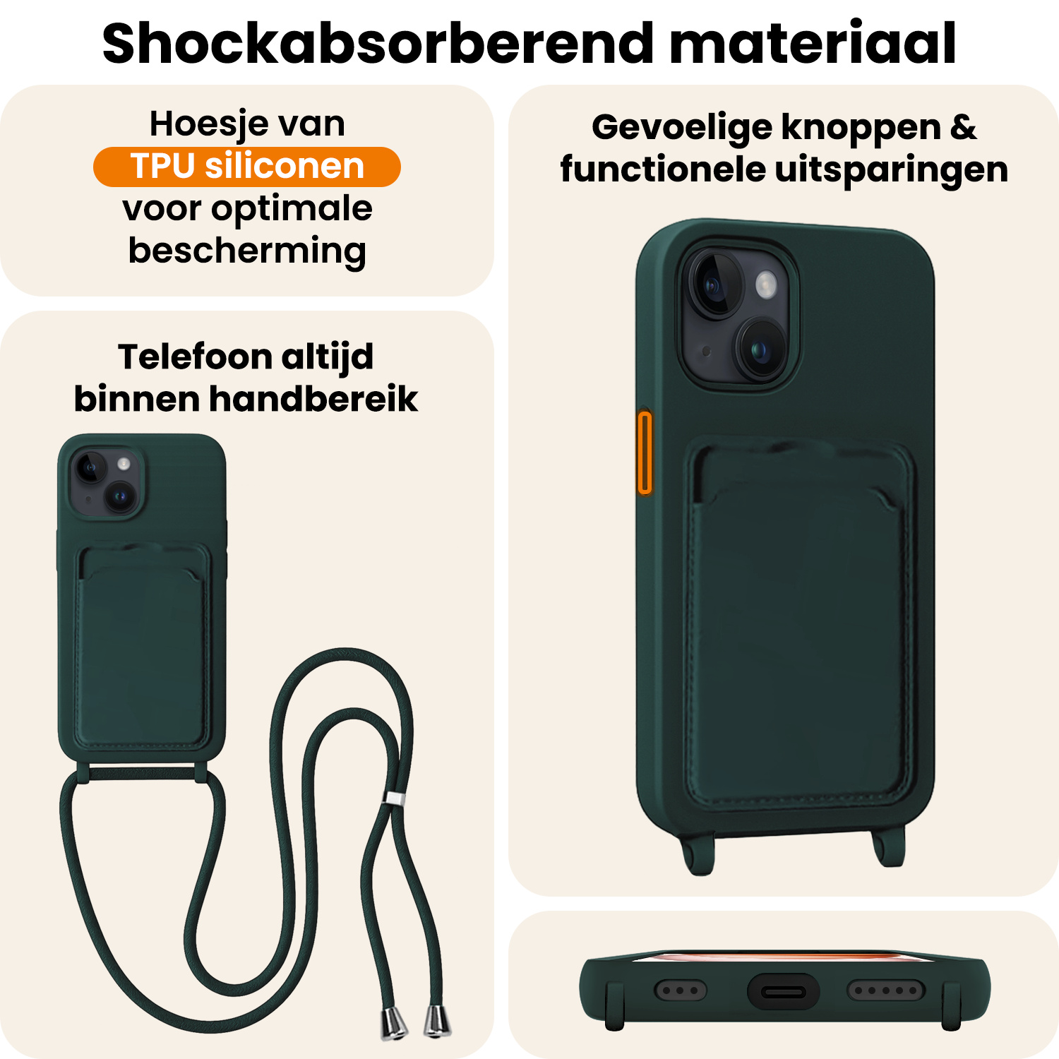 Nomfy Nomfy iPhone 15 Plus Hoesje Pashouder met Koord - Donkergroen