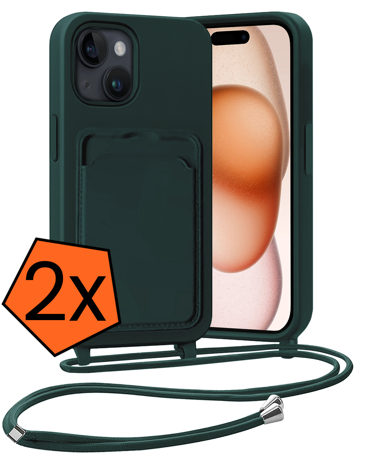 Nomfy Nomfy iPhone 15 Plus Hoesje Pashouder met Koord - Donkergroen - 2 PACK