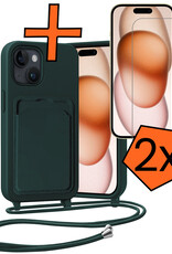 Nomfy Nomfy iPhone 15 Plus Hoesje Pashouder met Koord Met 2x Screenprotector - Donkergroen