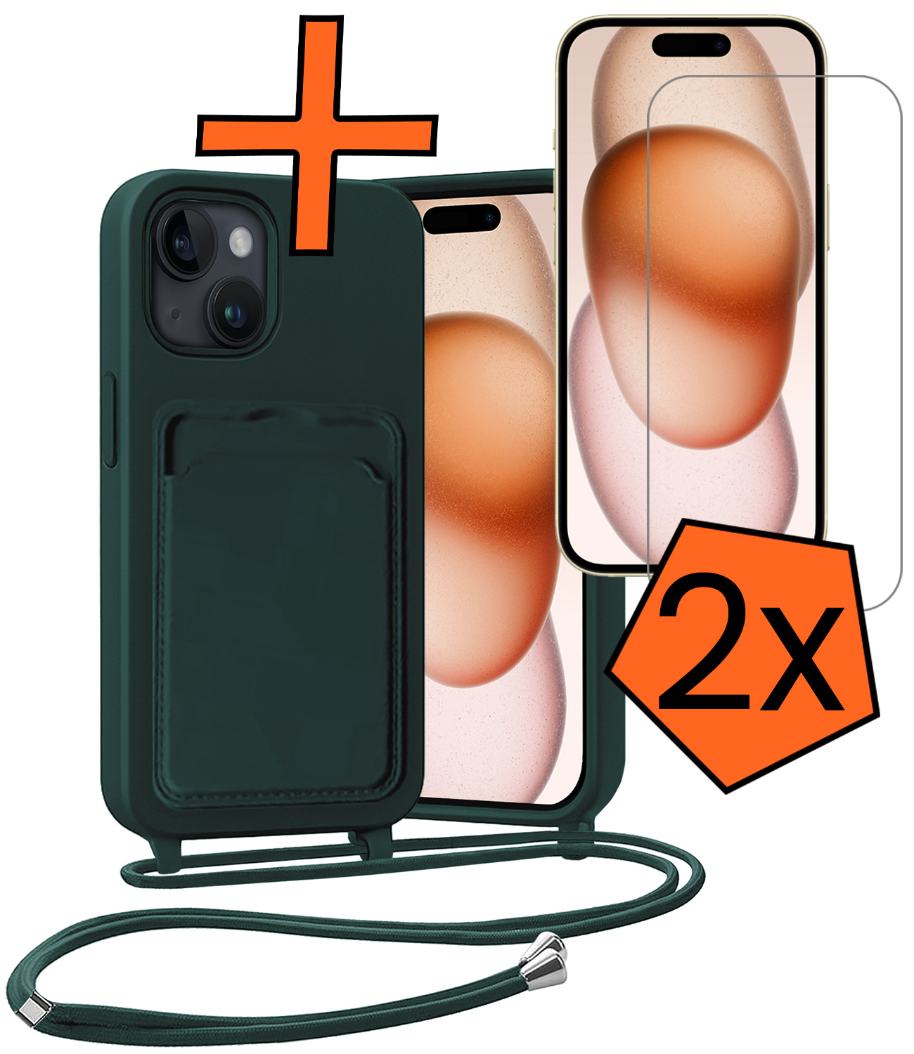 Nomfy Nomfy iPhone 15 Plus Hoesje Pashouder met Koord Met 2x Screenprotector - Donkergroen