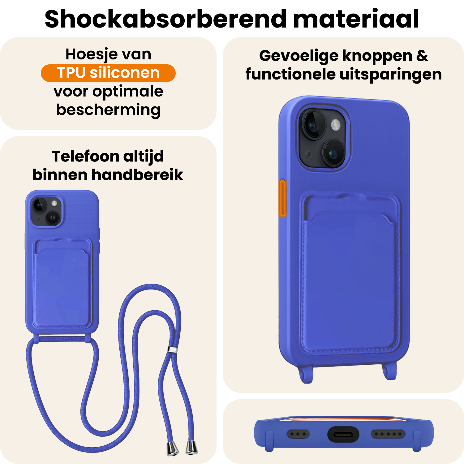 Nomfy Nomfy iPhone 15 Plus Hoesje Pashouder met Koord - Fel Blauw - 2 PACK