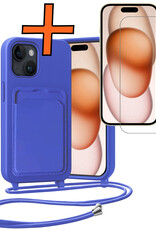 Nomfy Nomfy iPhone 15 Plus Hoesje Pashouder met Koord Met Screenprotector - Fel Blauw