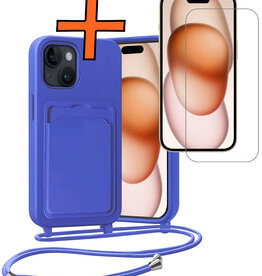 Nomfy Nomfy iPhone 15 Plus Hoesje Pashouder met Koord Met Screenprotector - Fel Blauw