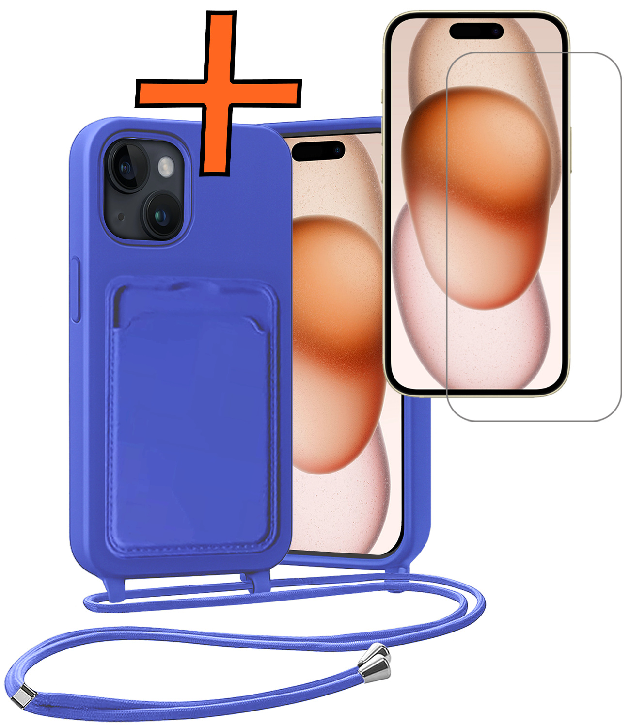Nomfy Nomfy iPhone 15 Plus Hoesje Pashouder met Koord Met Screenprotector - Fel Blauw