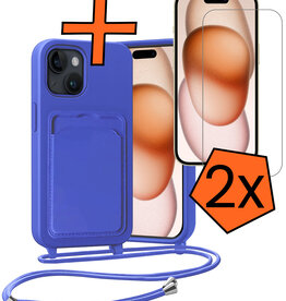 Nomfy Nomfy iPhone 15 Plus Hoesje Pashouder met Koord Met 2x Screenprotector - Fel Blauw