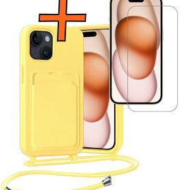 Nomfy Nomfy iPhone 15 Plus Hoesje Pashouder met Koord Met Screenprotector - Geel