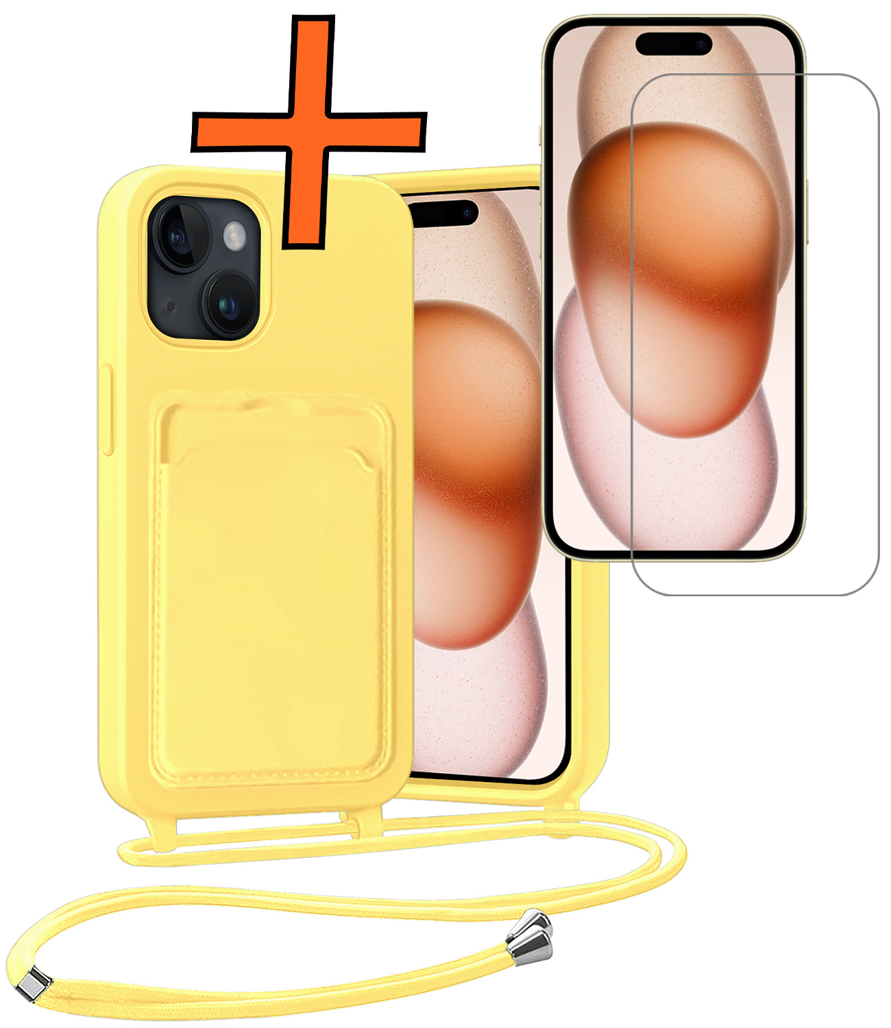 Nomfy Nomfy iPhone 15 Plus Hoesje Pashouder met Koord Met Screenprotector - Geel