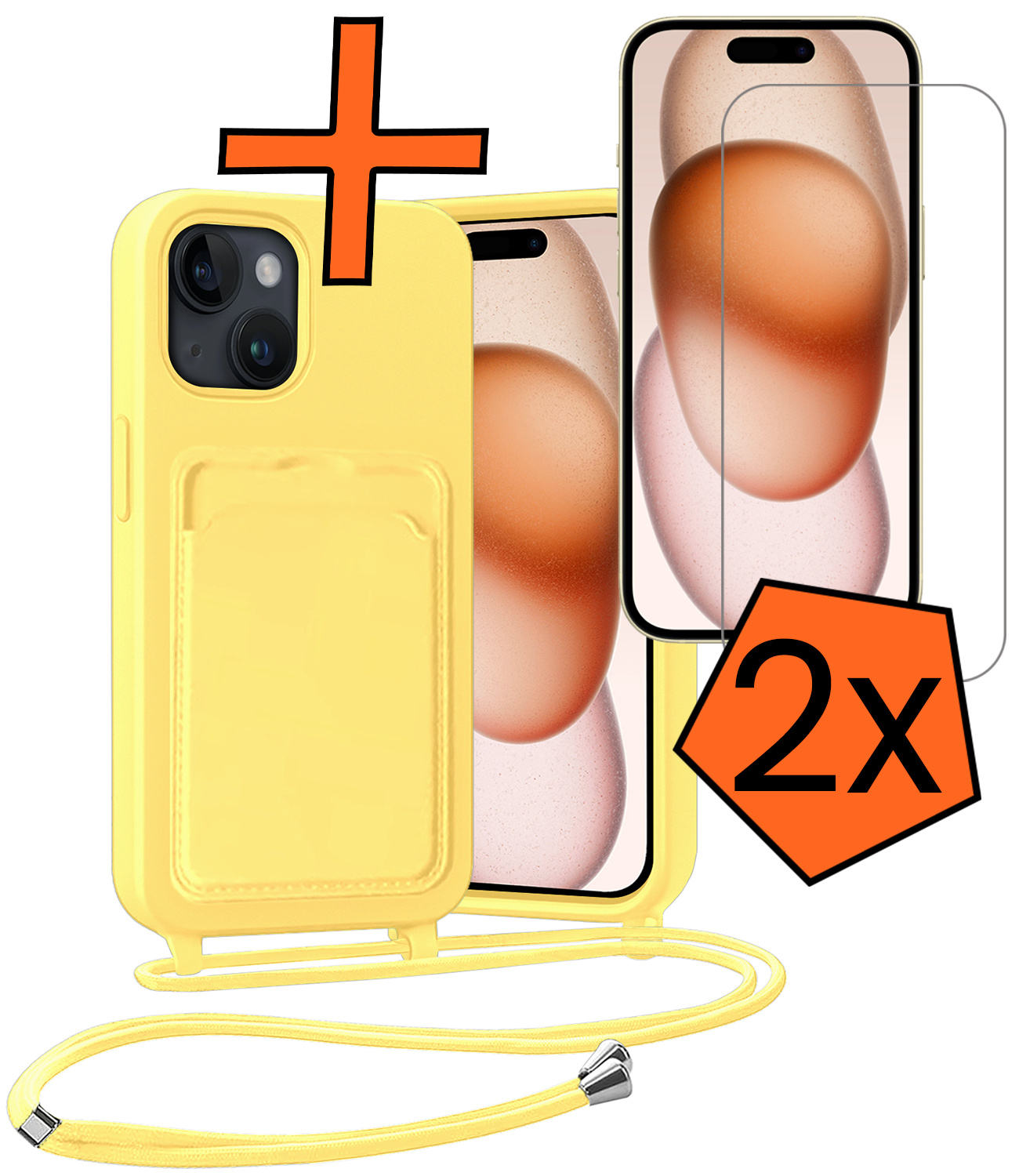 Nomfy Nomfy iPhone 15 Plus Hoesje Pashouder met Koord Met 2x Screenprotector - Geel