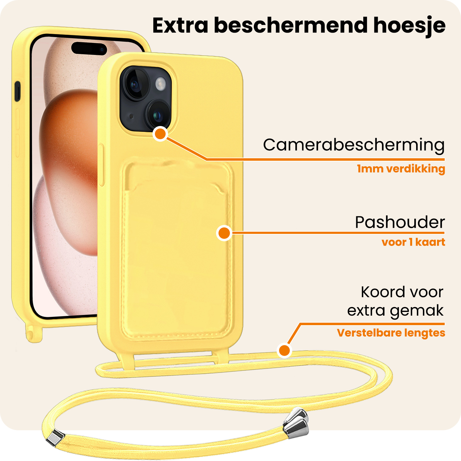 Nomfy Nomfy iPhone 15 Plus Hoesje Pashouder met Koord Met 2x Screenprotector - Geel
