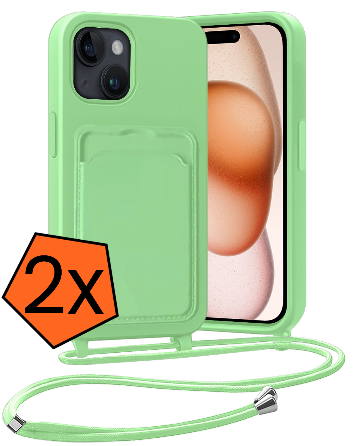 Nomfy Nomfy iPhone 15 Plus Hoesje Pashouder met Koord - Groen - 2 PACK