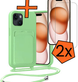 Nomfy Nomfy iPhone 15 Plus Hoesje Pashouder met Koord Met 2x Screenprotector - Groen